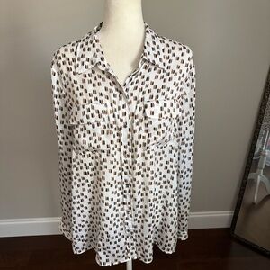 Liz Claiborne Brown Black Patterned Linen Blouse Size XL
